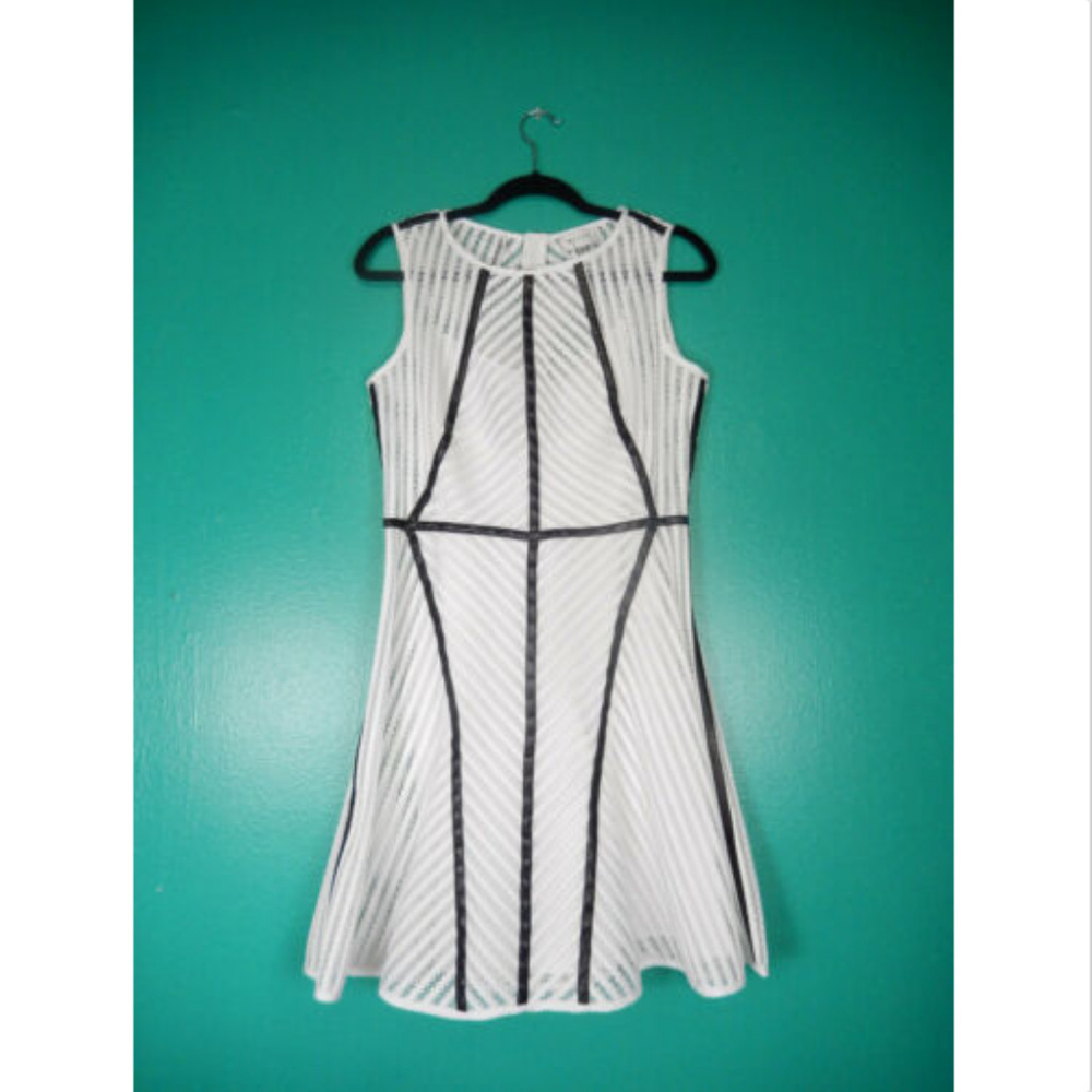MILLY NY FIT & FLARE WHITE MESH  LEATHER DRESS - Picture 2 of 4